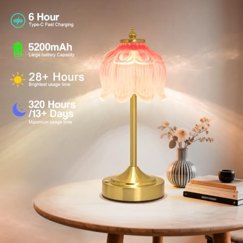 Cordless Table Lamp, Rechargeable Blush Pink Glass Lotus Flower Lamp