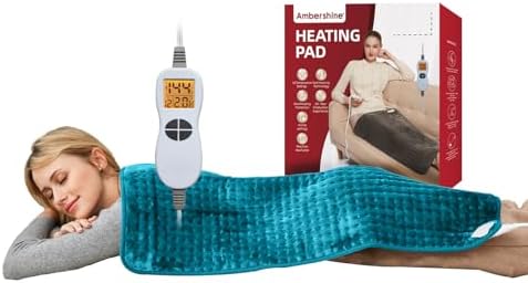 Ambershine 17''x33'' XXXL King Size Heating Pad with 12 Temperature Settings & 4 Auto-Off Countdown Timers, Pain Relief for Back/Neck/Shoulders/Abdomen/Legs(Light Teal)