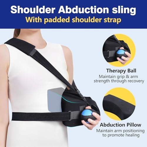 Abducted Shoulder Sling Immobilizer, Padded Rotator Cuff Support Brace with Removable Abduction Pillow and Exercise Ball for Right or Left Arm Pain Relief From Post-Surgery Recovery and Subluxation