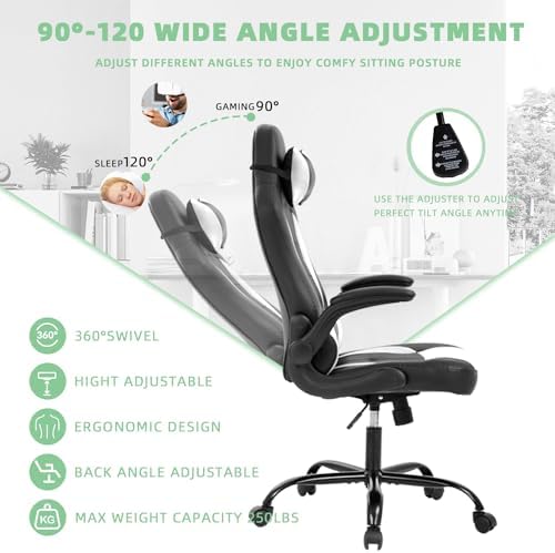 PC Gaming Chair,High Back Ergonomic Racing Office Desk Executive Chair with Lumbar Headrest Support,Flip Up Arms,PU Leather 360° Swivel for Kids Adults Women Men Gaming Home Office,White