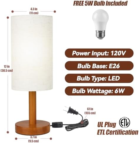 LALISU Small Table Lamp，Nightstand Lamp Wood Base Bedside Lamp Plug in