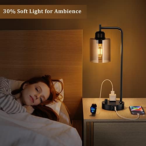 Innqoo Industrial Small Desk Lamp for Nightstand - Amber Clear Glass Shade Table Lamp with USB C Port, Fully Dimmable Black Bedside Lamp with USB Port and Outlet, Bedroom Lamp for Reading Office