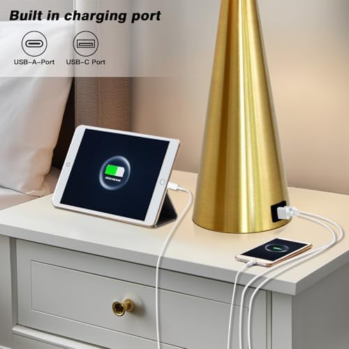 Rinweey 28" Modern Gold Touch Table Lamp Set of 2 for Living Room,Gold Bedside Lamps with USB A+C Ports - Gold Metal Table Lamp Set for Nightstand, End Table - 2 Bulbs Included