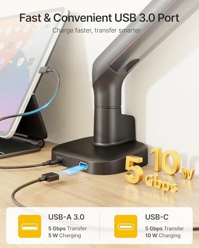 monTEK Mechanical Spring Single Monitor Arm with USB for 40in Screen Black