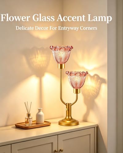 Lightdot Flower Glass Table Lamp for Bedroom Vintage Pink Lamp Dimmable