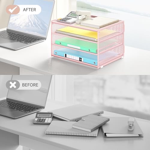 Lavatino 3-Tier Letter Tray Desk Paper Organizer – Pink Mesh Metal File Tray Organizer for Desk, Office Supplies & Home Organization | Fits A4/Letter Paper, Mail, Magazines and Office Accessories
