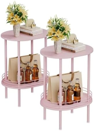 Pink Oval Nightstand Set of 2, Small Modern Round Side Table with Storage