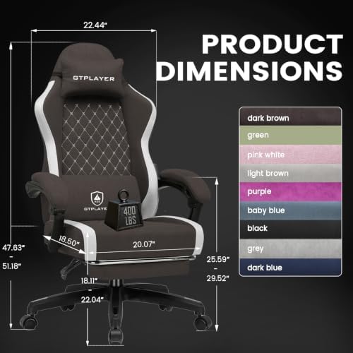 GTPLAYER Gaming Chair Fabric with Pocket Spring Cushion, Big and Tall Gamings Chairs 350LBS High Back Computer Chair with Footrest for Adults Lumbar Support Swivel Game Chair for Office Brown