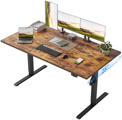 Klicelor 55 x 28 Electric Standing Desk, Sit Stand Up Home Office Desk, Height Adjustable Deep Cumputer Table with Memory Presets and Hooks, Two Pieces, Rustic Brown