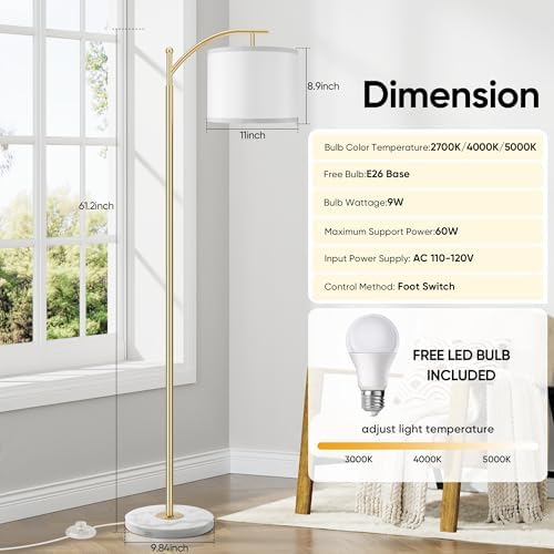 ROTTOGOON Gold Floor Lamp for Living Room with Marble Base, Modern Standing Lamp with 3 Color Temperatures Bulb & Adjustable Linen Shade, Tall Lamp for Bedroom Office Reading Nursery