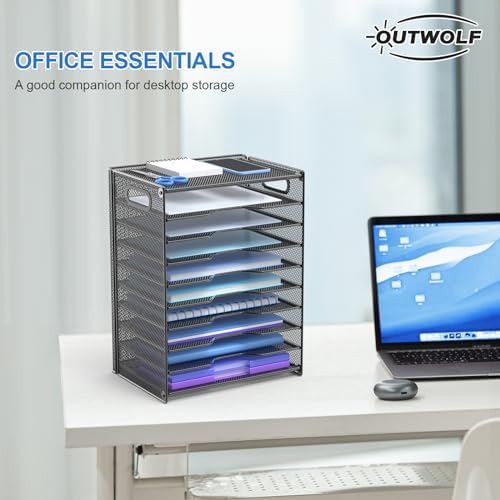 OUTWOLF 10 Tier Paper Organizer - Letter Tray Mesh Desk File Organizer with Handles for Office School Desktop, Black