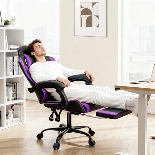 MoNiBloom Gaming Chair, Footrest & Lumbar Support, Height Adjust, Purple