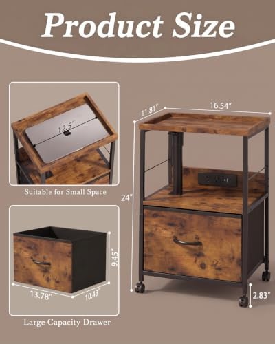 Faesun Night Stand with Charging Station & Swivel Tray Top, Brown