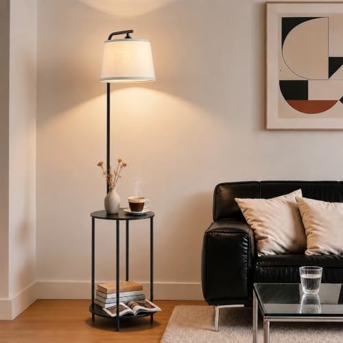 Floor Lamp with Table, 2-in-1 Side Table Floor Lamp with Linen Shade