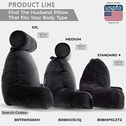 Husband Pillow Medium Reading Pillow with Arms - 23" Backrest for Sitting Up in Bed - Firm Support Bed Rest Pillow for Adults, Neck Roll, Removable Cover - TV, Reading, Lounging - Black