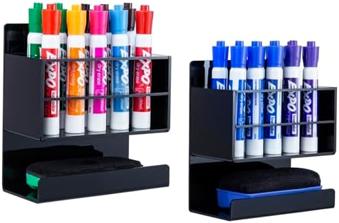 MyGift Wall Mounted Dry Erase Whiteboard Marker Holder Stand with 10 Marker Slots and Eraser Holder, Black Set of 2