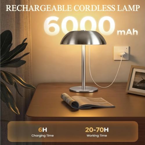 2 Pack Portable LED Mushroom Table Lamp, 12H Cordless Metal Night Light with Rechargeable Battery, Stepless Dimmable 3 Colors Desk Lamp for Bedroom Bar Coffee Shop(Brushed Silver)