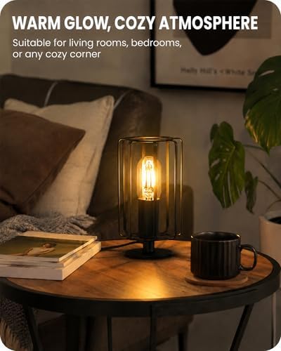 Industrial Table Lamp Set of 2, Small Bedside Lamp with Dimmable 2400K Warm Light LED Bulb, Vintage Desk Lamp, Rustic Nightstand Lamp for Bedroom, Study, Office, Small Space, Black B05TLP205