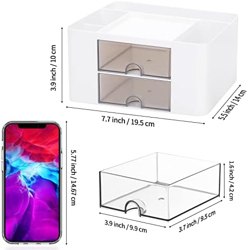 Desk Organizer with 2 Drawer, Plastic Desktop Pen Pencil Card Holder Storage Box for Desk, Office Supplies, Vanity Table Office School Home (White)