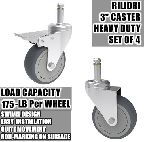 RILIDRI 3-Inch Swivel Stem Caster, 7/16-Inch Stem Diameter Rubber Wheel, Heavy Duty TPR Replacement Wheels for Rubbermaid Mop Bucket Cart Grill Casters - 4 Pack (2 Brakes 2 Swivel)
