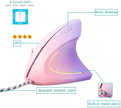 HXMJ Ergonomic Vertical Mouse Wired,USB Corded Optical Mice,7200DPI,Backilt,Right Handed Carpal Tunnel Mouse for Laptop,PC,Computer,Mac-Pink Purple