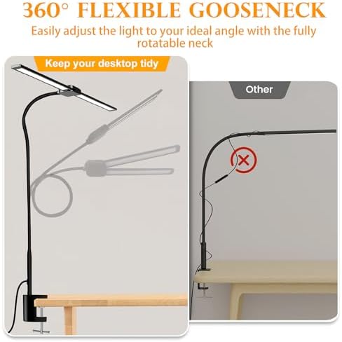 LED Desk Lamp for Home Office, Double Head Computer Monitor Light with Clamp, 5 Color Modes and 3 Brightness Levels, Long Flexible Goose-Neck, USB Eye-Caring Clip on Lights for Reading, Black