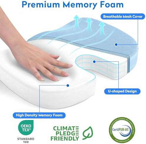 CushZone XL Memory Foam Seat Cushion for Office & Car, Light Blue