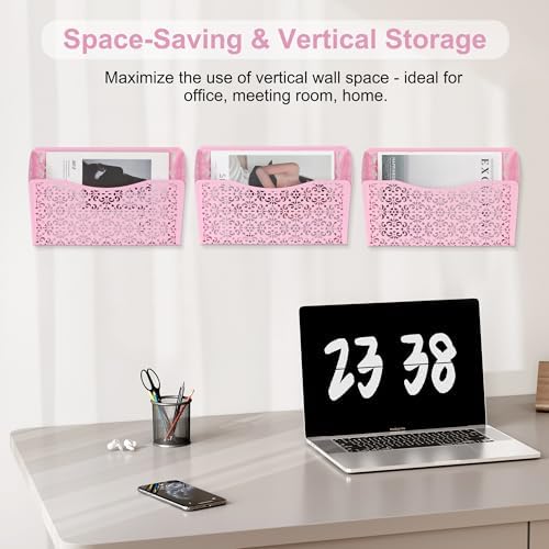 EasyPAG 3 Single Wall Mount File Organizer Vertical Metal Wall Pocket File Holder for Office, Home, School, Pink