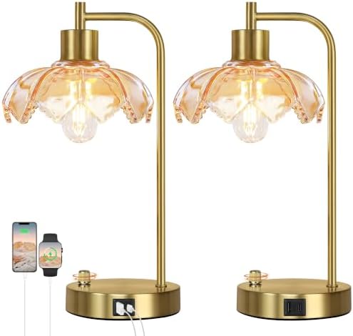 Glass Table Lamps Set of 2, Champagne Dimmable Bedside Lamps for Bedroom