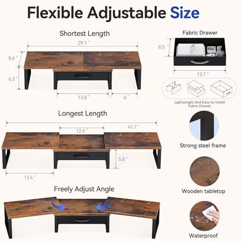 Desk Organizers and Accessories, Dual Monitor Stand Riser with Drawer, Computer Monitor Stand, Adjustable Desk Shelf for PC Laptop Printer TV, Brown