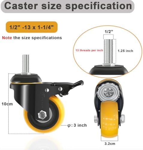 3 Inch Stem Caster Wheels 1/2" Threaded Casters Set of 4 Heavy Duty