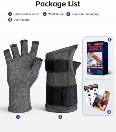 FEATOL Compression Arthritis Glove with Wrist Brace, Comfortable Fingerless Carpal Tunnel Hand Gloves for Women Night Support, Pain Relief for Rheumatoid Arthritis, Work, Typing - Left Hand, Large, Black