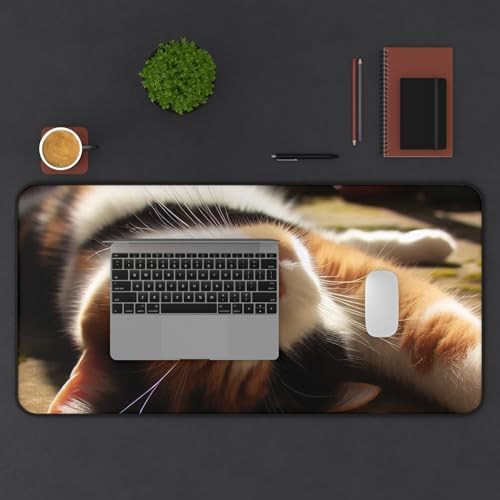 Calico Cat Desk Mat - Stretching Lazily in a Patch of Sun - Premium Rubber Base