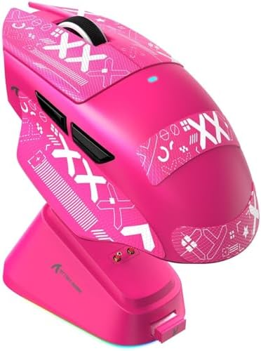 ATTACK SHARK V6 Wireless Gaming Mouse with RGB Charging Dock, 25K DPI PAW3311 Sensor, 1K Polling Tri-Mode PC Mice, 500mAh Battery, Cloud-Based AI Driver for Win/Mac, Red & Tape