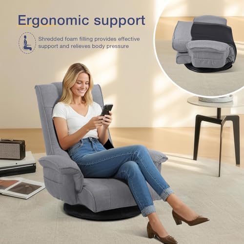 Linen Fabric Ergonomic Gaming Chair, 6-Position Reclining Sofa Bed with Lumbar Support, Foldable Floor Lounger with Thick Cushion, Armrests & Side Pockets for Esports, Reading, Napping (Light Gray)