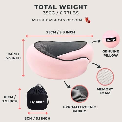 FlyHugz® Neck Travel Pillow Memory Foam Neck Pillow, Pink