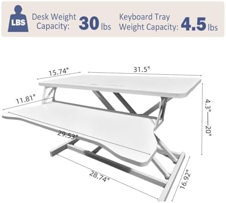 32" Height Adjustable Standing Desk Sit To Stand Converter with Wide Keyboard Tray for Home Office, Stand Up Desk Dual Monitor Riser Workstation with Spacious Tabletop for Laptops/Small Space (White)