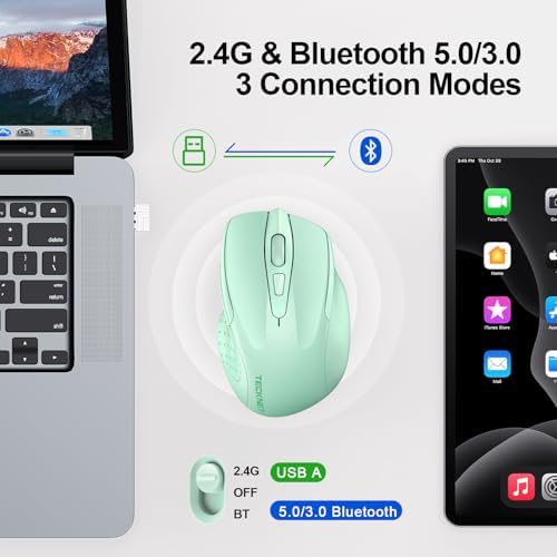 TECKNET Wireless Mouse, BT 5.0/2.4G, Rechargeable 6-DPI Silent, Green