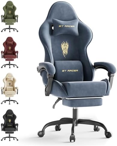 Huracan Ergonomic Gaming Chair with Massage Lumbar Cushion, High‑Back Reclining Velvet Fabric Chair with Footrest for Home Use, Adjustable Racing‑Style Gamer Chair for Work and Streaming, Grey