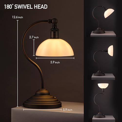 O'Bright Bankers - Cordless LED Table Lamp, Battery-Operated, Rechargeable, 3-Level Dimming, Universal USB-C Charging, 180° Swivel Head, White Jade Glass Shade, Oil Rubbed Bronze