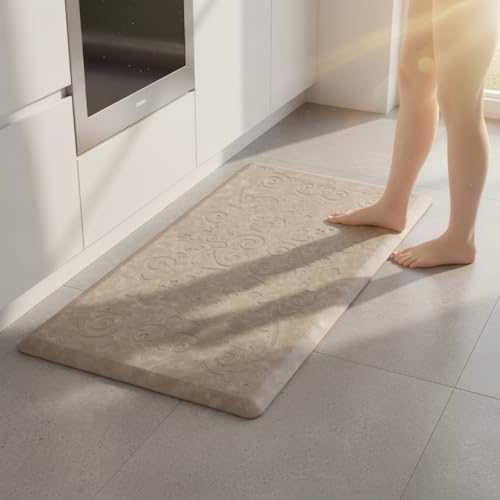 J&V TEXTILES Medallion Embossed Kitchen Mat Cushioned Anti Fatigue Floor Mat, Thick Non Slip Waterproof Kitchen Rugs and Mats, Standing Mat for Kitchen,Floor,Desk,Sink,Laundry, (Beige, 17" X 28")
