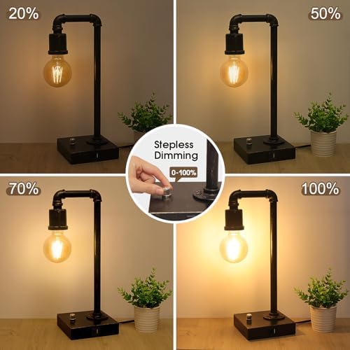 Industrial Table Lamp, Vintage Bedside Lamp with USB C and USB A Charging Ports, Dimmable Steampunk Office Lamp Metal Pipe Edison Reading Lamps for Bedroom, Dorm, Farmhouse Decor 6W LED Bulb Included