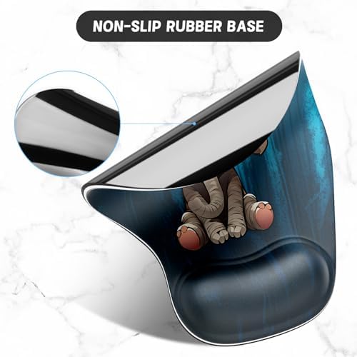 ITNRSIIET Ergonomic Mouse Pad Coaster Set with Gel Wrist Support Wrist Rest Smooth Surface Non-Slip PU Base Comfortable Office Supplies Pain Relief, 9.5 x 8.3 inches, Pretty Elephant