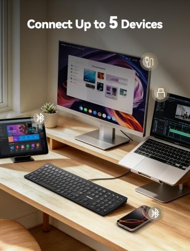 TECKNET Bluetooth Wireless Rechargeable Keyboard with BT5.0, 2.4G & Wired