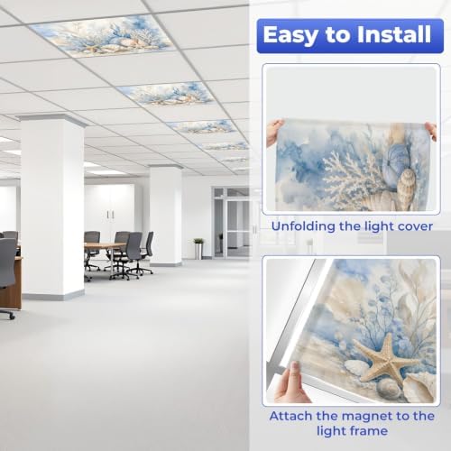 4 Pcs Fluorescent Light Covers for Ceiling Lights beige shells stars pebbles Magnetic Light Filters Decorative for Classroom Office Hospital Home 4x2 Ft