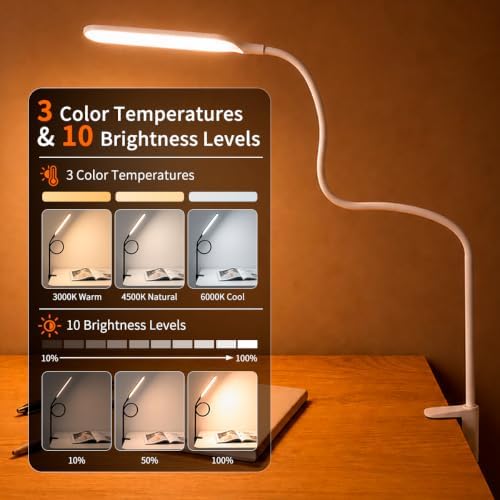 Long Gooseneck LED Clamp Desk Lamp, Eye-Caring Reading Light