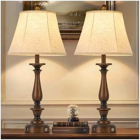 AIDENOEY 28.5" Traditional Table Lamp Set of 2, Rustic Farmhouse Table Lamps for Living Room Bedroom, Bedside Desk Lamps Vintage Nightstand Lamps with Silk Fabric Shades,Antique Copper Table Lamp
