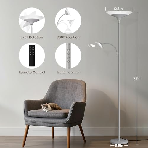 SIBRILLE Sliver Gray Torchiere Floor Lamp with Reading Light, 4 Color Temperatures, Dimmable & Individual Light Control Standing Lamp, 34W Bright Tall Lamp with Remote for Living Room Bedroom Office