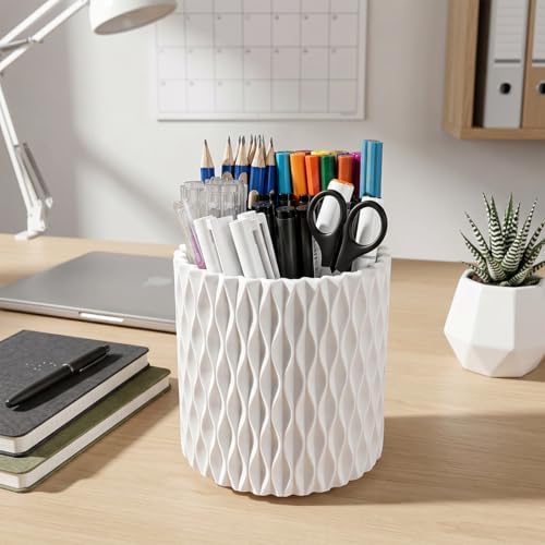 Lebenrich Rotating Pen Holder for Desk, 5 Slots Easthetic Pencil holder Desk Organizer Supplies and Accessories for Women Girls, Pencil Cup for Office Home Art Supply, White