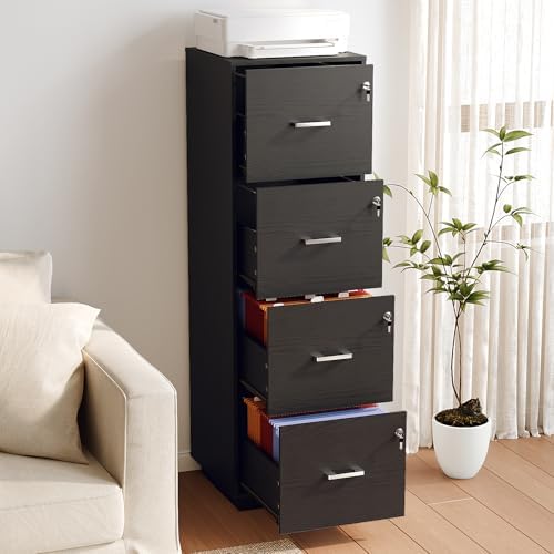 VINGLI 4 Drawer File Cabinet with Lock, Home Office Filing Organizer, for Letter Size File Folder Storage, Wood Tall Vertical Filing Cabinet, Printer Stand, Archivador (Black)